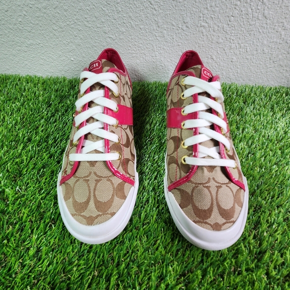 Coach Signature C Canvas Pink Patent Leather Sneakers Women’s Size 11 - Picture 3 of 12